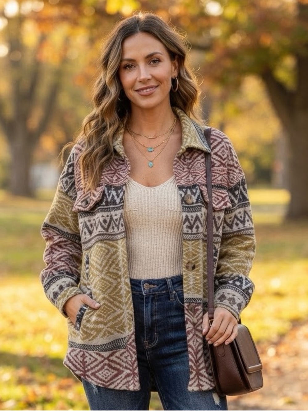 Mystree Boho Aztec Geometric Wool Blend Fall Shacket - Large